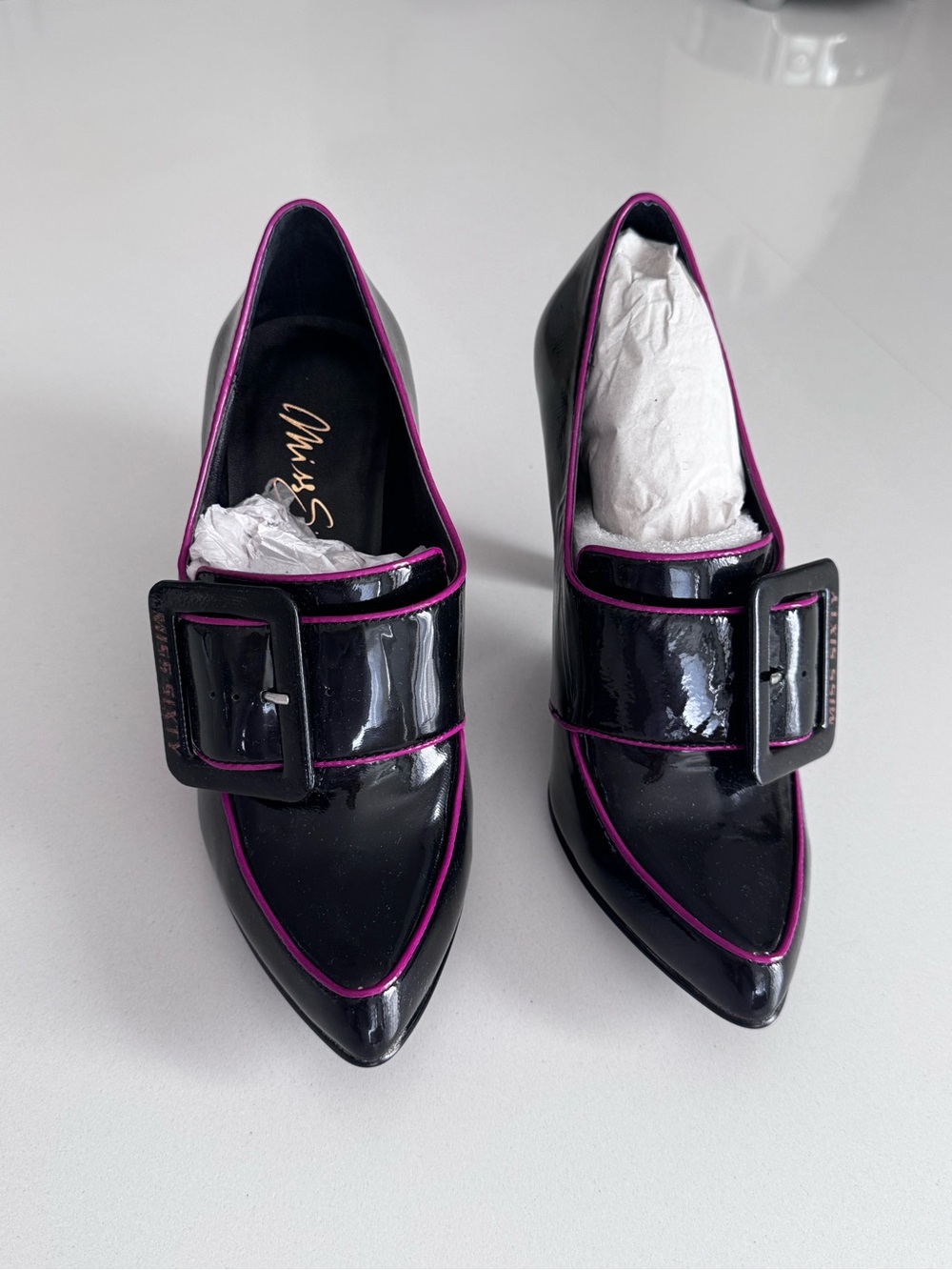Miss Sixty Black Patent Pointed Toe Pumps with Purple Trim